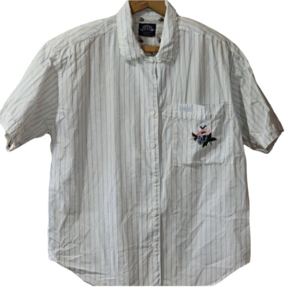 Dockers Feminine Striped Button Down Ruffle Short Sleeve Shoulder Pad Shirt Medi - Picture 1 of 10